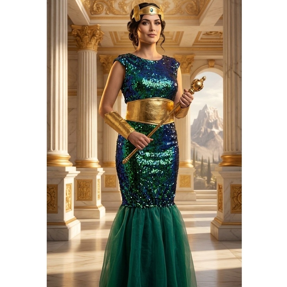 Green Sequin Mermaid Costume Set Women Large Tulle Gown Crown Belt Gauntlets